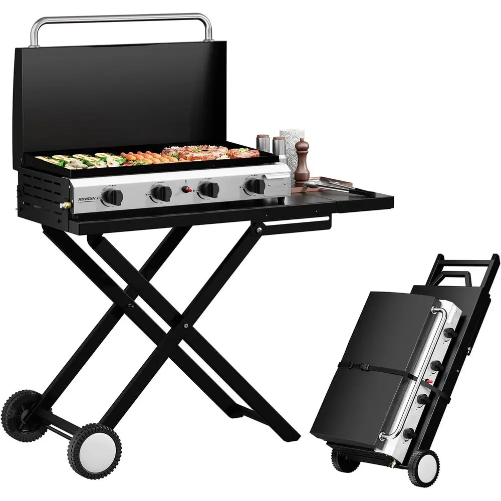 Camping Cooking Tray - Portable 4-Burner Propane Griddle with Wheels,